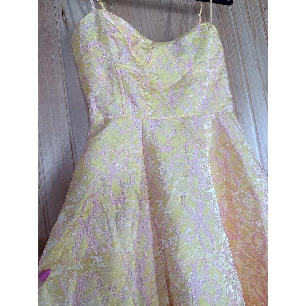 NWT Lulus Meet for Tea Yellow Jacquard Bustier Midi Dress With Pockets Wedding M - Picture 5 of 9